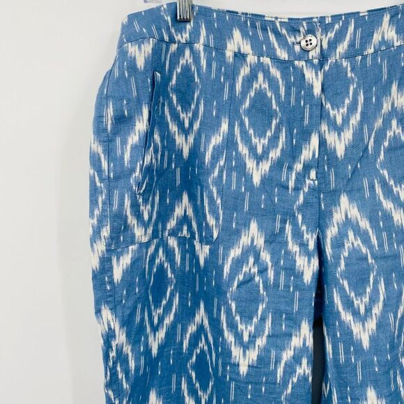 Chico's Size Medium 12 Blue & White Ikat Print Linen Wide Leg Pants - Picture 5 of 9